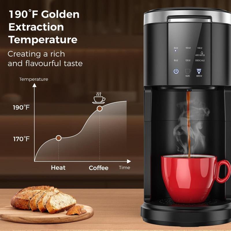 Single Serve Coffee Maker, Coffee Brewer for K - Cups Pods and Ground Coffee, Capsule Coffee Machine with 40Oz Water Tank, 5 Brew Sizes up to 14Cz, Black - Open Season Industries