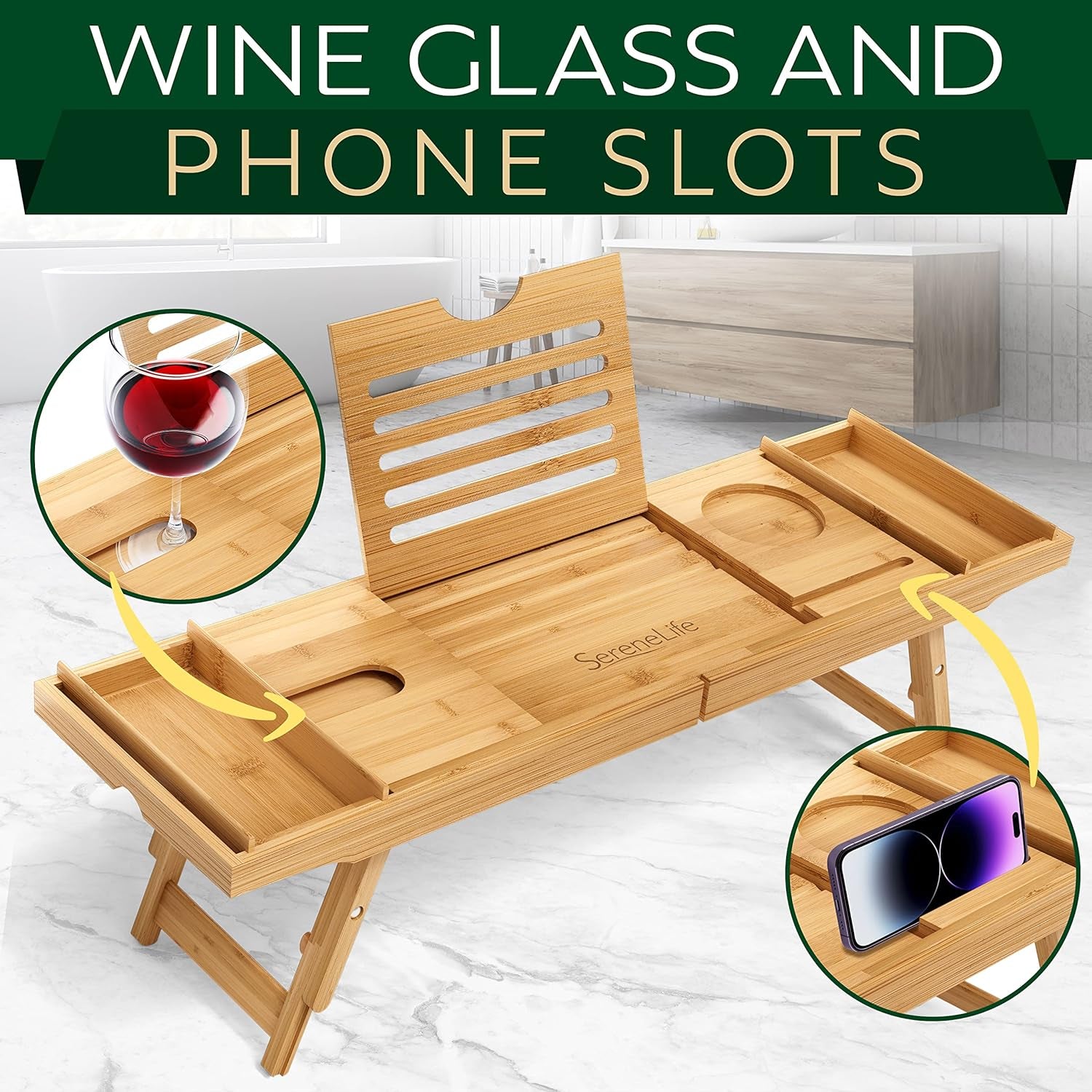 Bath Caddy Breakfast Tray Combo - Natural Bamboo Wood Waterproof Tub and Bed with Folding Slide - Out Arms, Device Grooves, Wine Glass Soap Holder - Open Season Industries