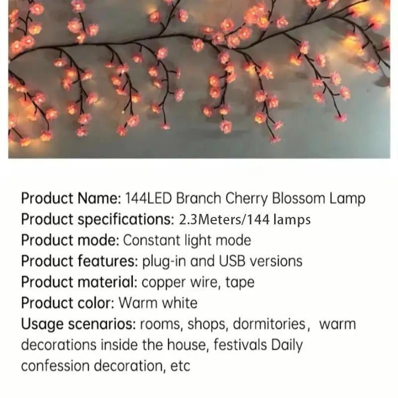 Christmas Cherry Blossom Tree Branch Light String, USB Powered DIY Holiday Tree Vine Light, LED Lamp Suitable for Room Wall Decoration, LED Lights - Open Season Industries