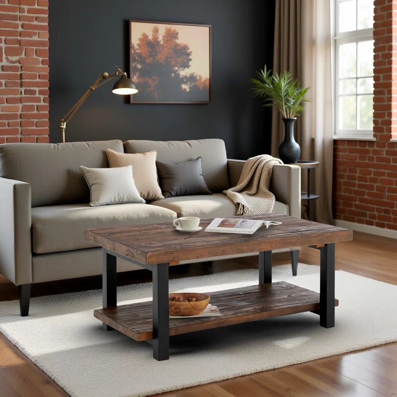 Rundell Pomona Rustic Industrial Modern Vintage Metal and Solid Wood Coffee Table with Storage, Easy Assembly, Small Rectangle Coffee Table, 42 in X 24 in X 18 In - Open Season Industries