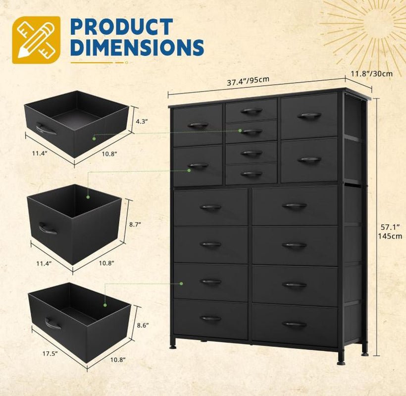 YITAHOME 16 Drawer Dresser, Tall Fabric Drawer, Large Chest of Drawers, Storage Organizer Closet Living Room Entryway with Sturdy Metal Frame and Wooden Top - Open Season Industries