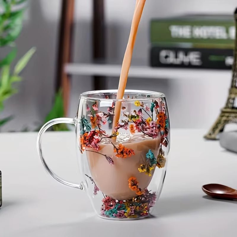 Double Wall Clear Glass Coffee Mugs Creative Clear Glass Cups with Handle Flowers Double Insulated Glass Cup for Hot Cold - Open Season Industries