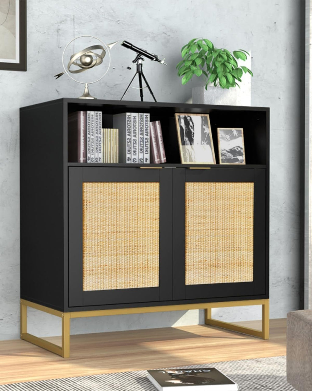 Rattan Cabinet, Storage Cabinet with Doors and Open Shelf Kitchen Sideboard Buffet Cabinet for Dining Room Living Room Hallway Black H0068 - Open Season Industries