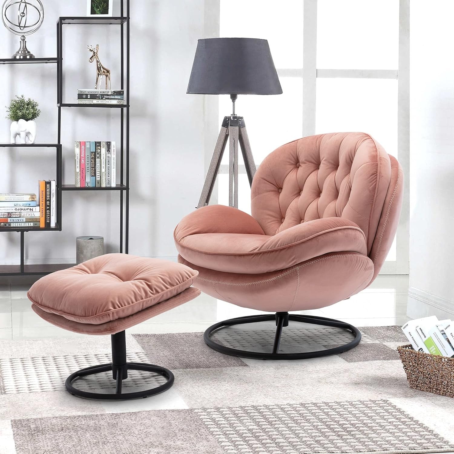 Velvet Cozy Chaise Lounge Indoor, Oversized Swivel Reading Chair with Footrest, Accent Chair with Ottoman Set for Living Room, Bedroom, Reading Room, Home Office, Metal Base Frame (Rose Pink) - Open Season Industries
