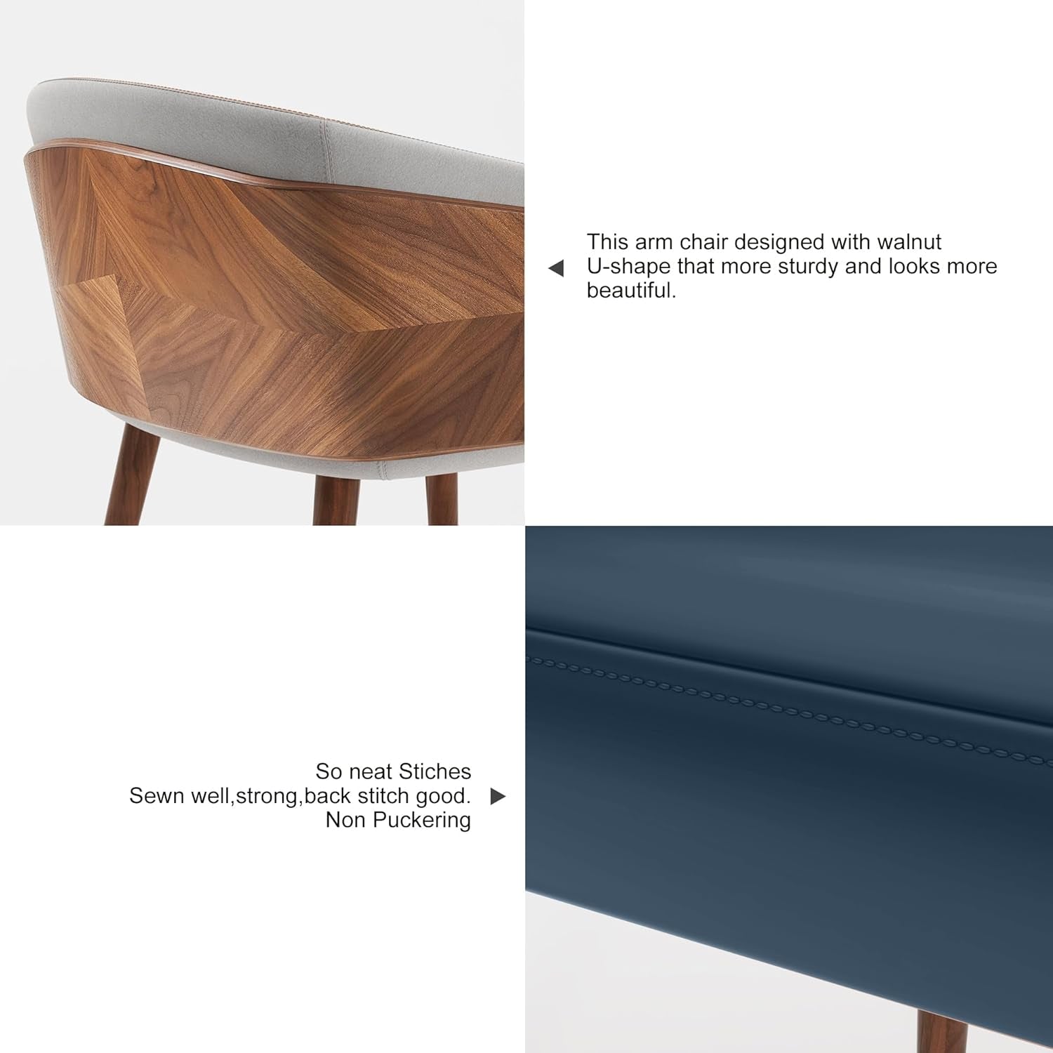 Dining Accent Chair,Modern Faux Leather with Walnut, Mid Century Eucalyptus Upholsted Retro Arm Chair, Metal Legs Dissassembly Adjustable Foot for Kitchen Dining Room,Navy Blue - Open Season Industries