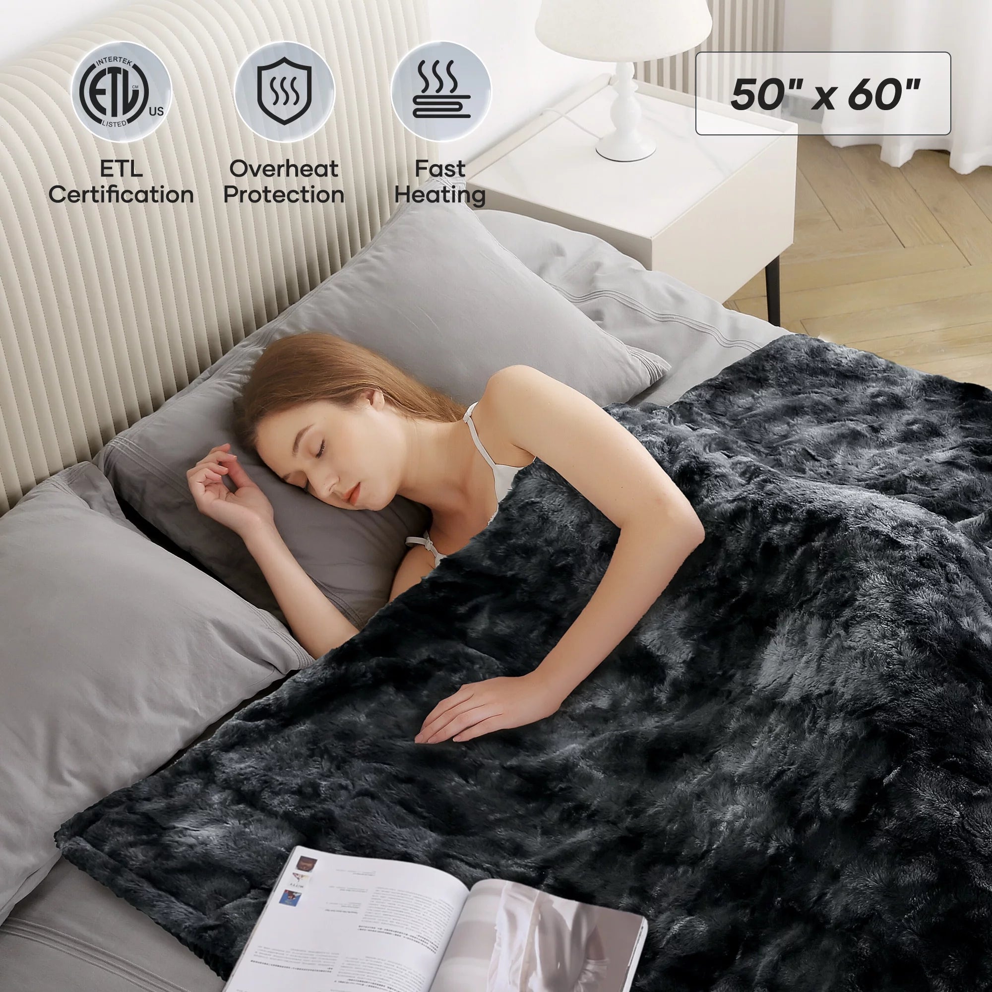 Electric Throw Blanket 50" X 60", Soft Faux Fur Heated Blanket with Large LED Display, 6 Heating Levels, 4 Hours Timer, Tie - Dye Black - Open Season Industries