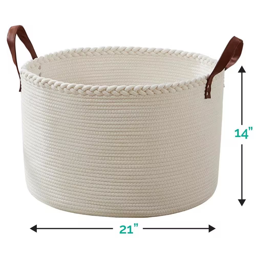 100% Cotton Fabric Rope round Storage Basket with Leather Handles 21 In. X 21 In. X 14 In. - Open Season Industries