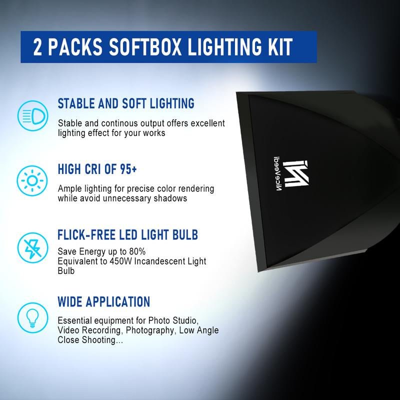 Softbox Lighting Kit, Niceveedi 2 - Pack 16'' X 16'' Softbox Photography Lighting Kit with 63” Tripod Stand & 5400K 450W Equivalent LED Bulb, Continuous Lighting for Photography/Video Record - Open Season Industries
