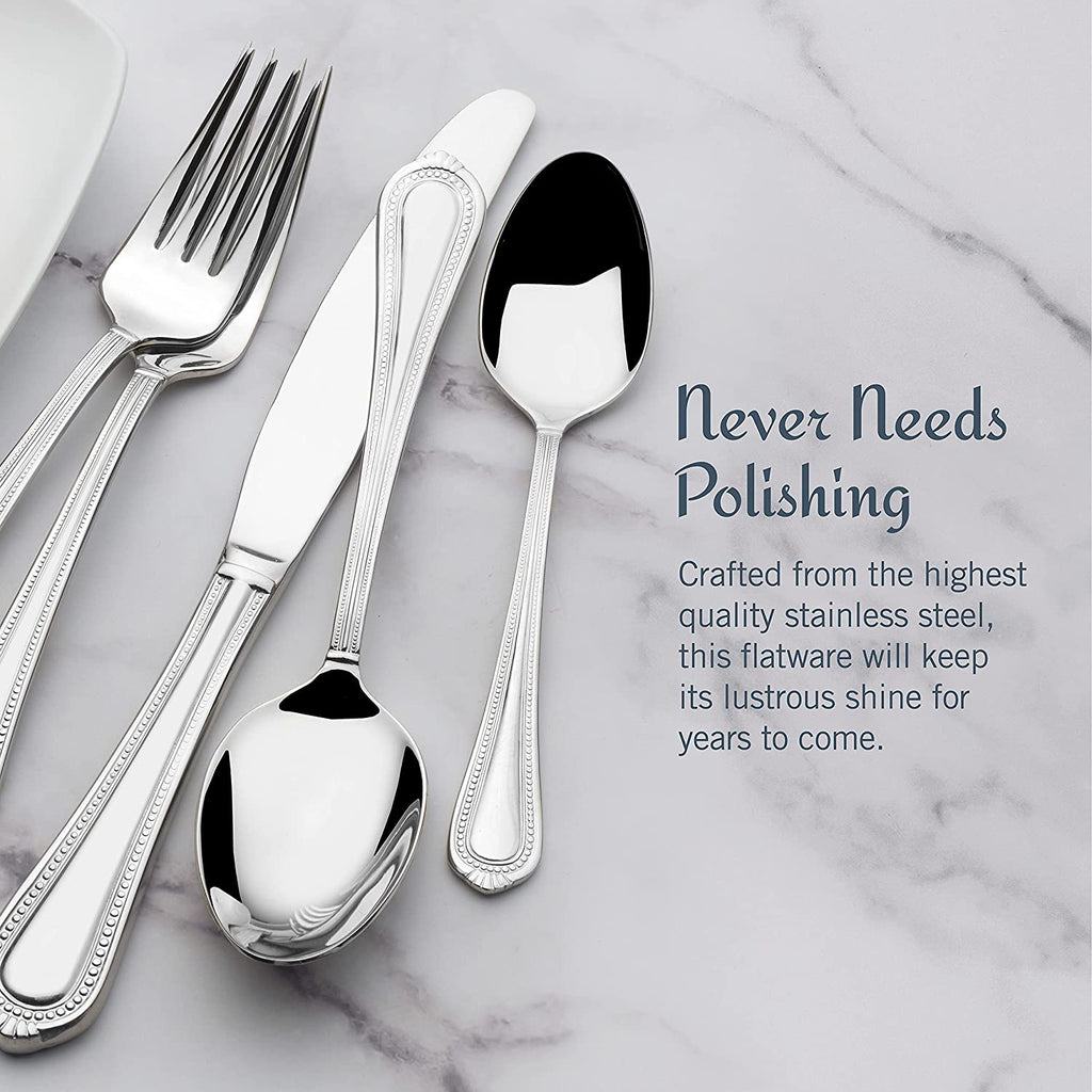 Regent Bead 65 - Piece Flatware Set for 12, 18/10 Stainless Steel Silverware with Full Service and Serving Utensils, Classic Beaded Edge Design - Open Season Industries