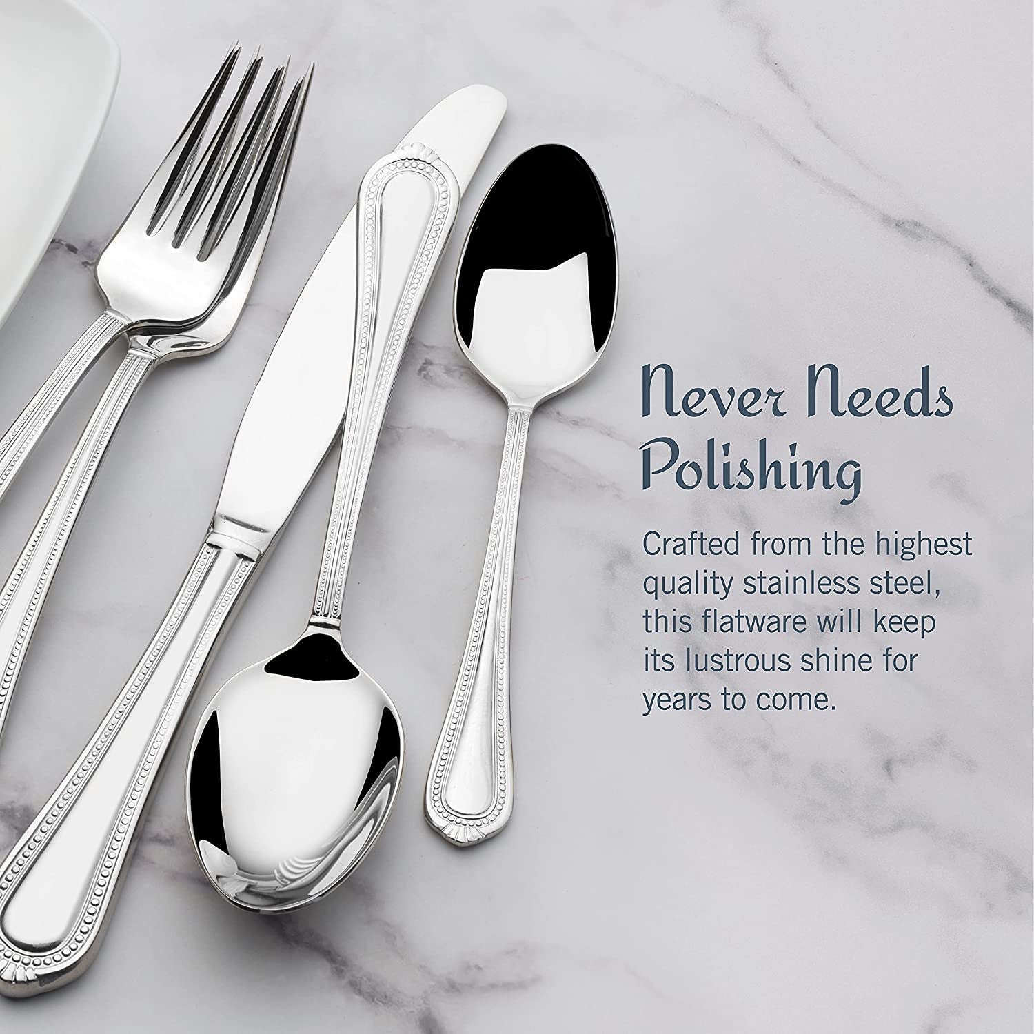 Regent Bead 65 - Piece Flatware Set for 12, 18/10 Stainless Steel Silverware with Full Service and Serving Utensils, Classic Beaded Edge Design - Open Season Industries