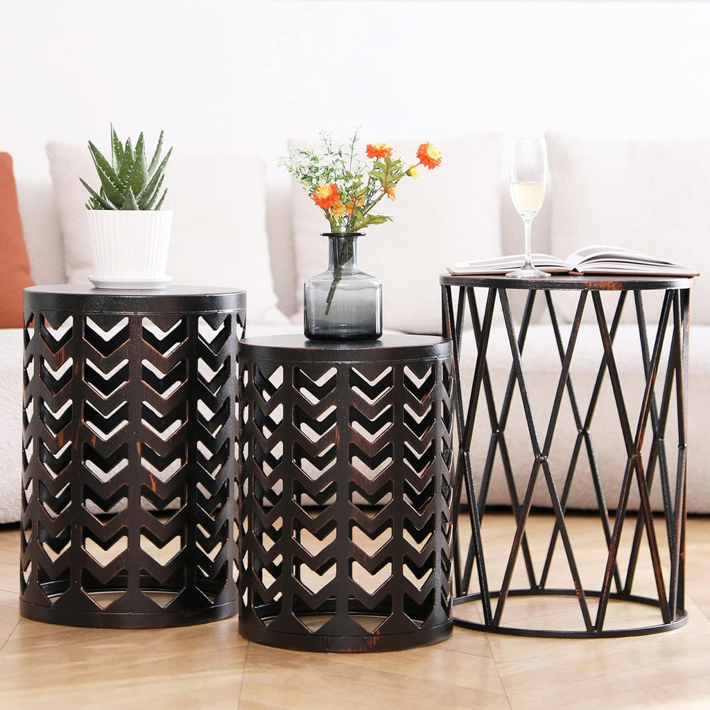 Multifunctional Nesting round Metal Coffee End Tables, Set of 3 Modern Nightstands Decor Side Tables Plant Stand for Home Office Indoor Garden Outdoor - Bronze - Open Season Industries