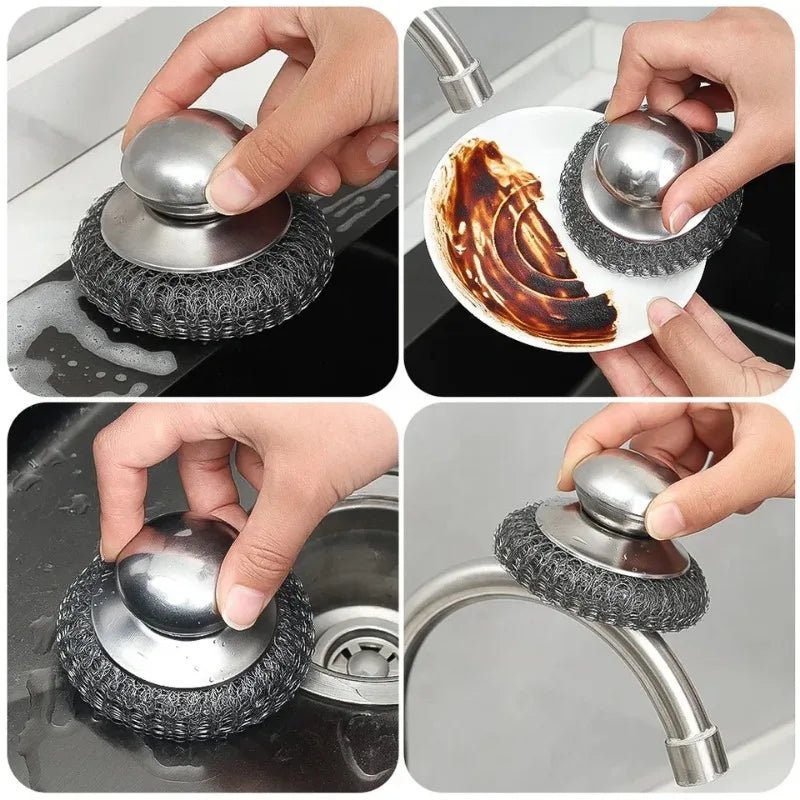 Stainless Steel Pot Brush Ergonomic Handle Heavy Duty Wire Ball Scrubber for Kitchen Dishes Pans Grills Sink Cleaning Tools - Open Season Industries